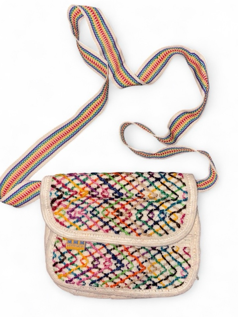 Cream Multicolor Woven Crossbody Bag with Rainbow Strap